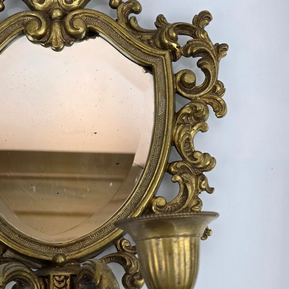 Vintage Brass Rococo Shield Mirror Wall Sconce Ornate Hollywood Regency Gilt